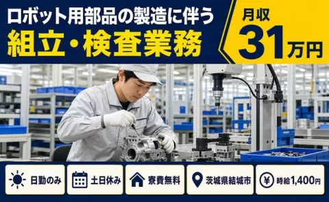 寮付きですぐ働ける◎ロボット用部品の製造に伴う組立・検査業務＜茨城県結城市＞土日休み