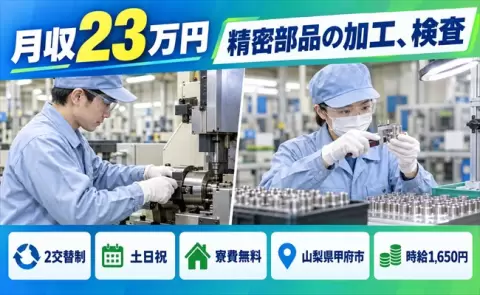 精密部品の加工、検査、始めてみませんか？＜山梨県甲府市＞2交替制・時給1,650円