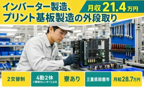 住まいも一緒に決まる◎インバーター製造、プリント基板製造の外段取り＜三重県鈴鹿市＞寮完備