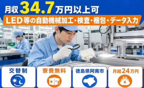LED等の自動機械加工・検査・梱包・データ入力＜徳島県阿南市＞月収例34.7万円