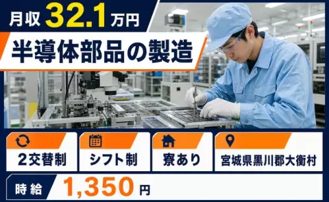 未経験から始めたい方へ｜半導体部品の製造＜宮城県大衡村＞月収例32.1万円・寮完備