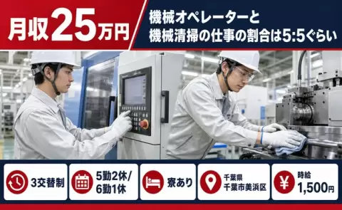 千葉県千葉市美浜区｜機械オペレーターと機械清掃の仕事｜時給1,500円・車通勤OK