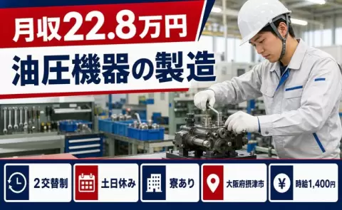 【大阪府摂津市】油圧機器の製造◎2交替制・寮完備・土日休み・未経験OK