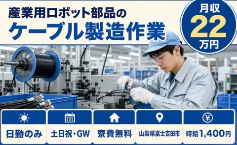 【山梨県富士吉田市】産業用ロボット部品のケーブル製造作業◎寮費無料・日勤のみ