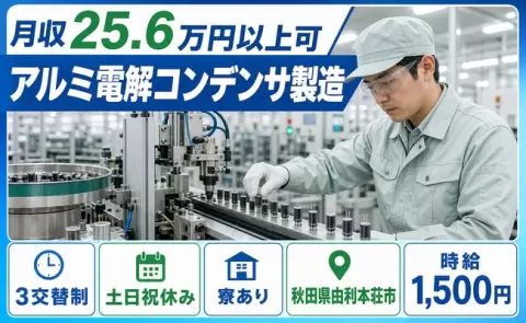 寮付きですぐ働ける◎アルミ電解コンデンサ製造＜秋田県由利本荘市＞寮完備