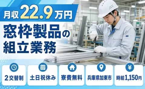 寮付きで働きたい方へ｜窓枠製品の組立業務＜兵庫県加東市＞土日祝休み・残業少なめ