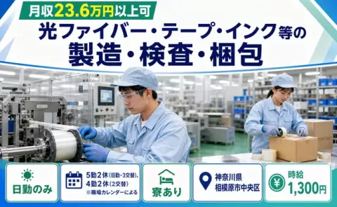 光ファイバー・テープ・インク等の製造・検査・梱包＜神奈川県相模原市中央区＞日勤のみ