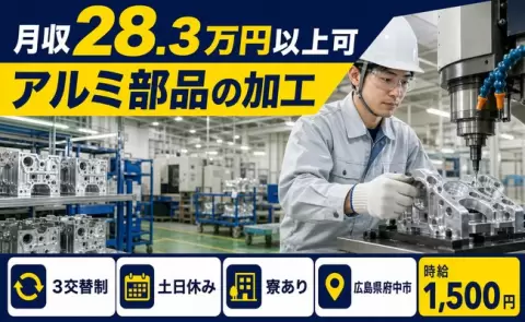 アルミ部品の加工＜広島県府中市＞時給1,500円・土日休み・寮完備・未経験OK