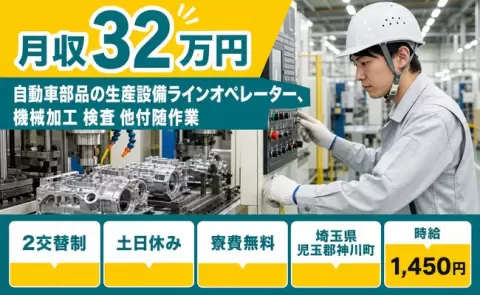 自動車部品の生産設備ラインオペレーター、始めてみませんか？＜埼玉県神川町＞土日休み