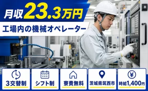 工場内の機械オペレーター＜茨城県筑西市＞残業少なめ・前払いOK・寮費無料・車通勤OK