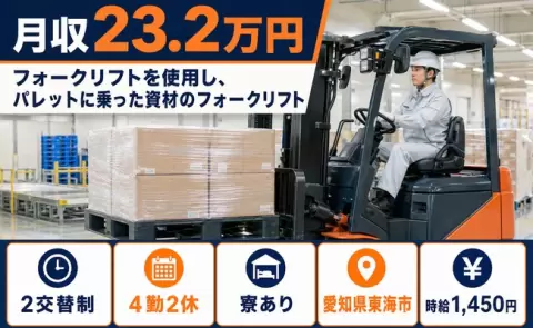 フォークリフトを使用し、パレットに乗った資材のフォークリフト＜愛知県東海市＞正社員
