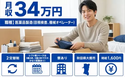 秋田県大館市｜職種】医薬品製造（目視検査、機械オペレーター）｜時給1,600円