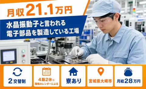 ＜宮城県大崎市＞水晶振動子と言われる電子部品を製造している工場／WEB面接OK