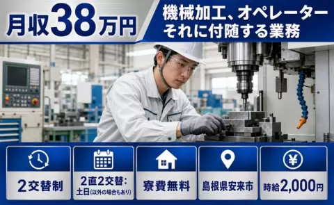 機械加工、オペレーターそれに付随する業務、始めてみませんか？＜島根県安来市＞土日休み