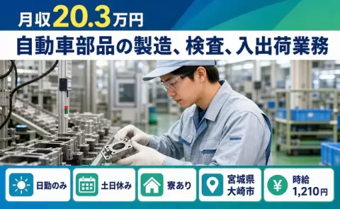 寮付きで働きたい方へ｜自動車部品の製造、検査、入出荷業務＜宮城県大崎市＞土日休み