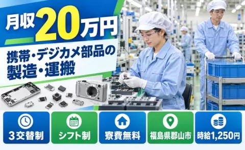 福島県郡山市｜携帯やデジカメの部品製造、運搬｜残業少なめ・車通勤OK