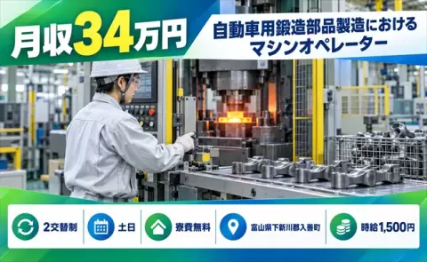 入善町で自動車用鍛造部品製造におけるマシンオペレーターのお仕事｜月収例34万円＜富山県＞