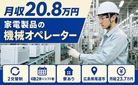 【広島県尾道市】家電製品の機械オペレーター◎寮完備・WEB面接OK