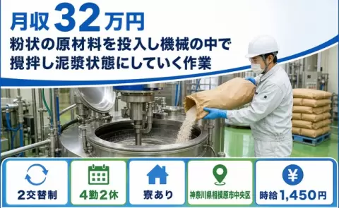 粉状の原材料を投入し機械＜神奈川県相模原市中央区＞寮完備・長期休暇あり・月収例32万円