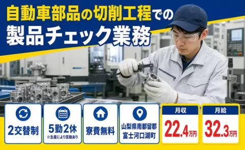 富士河口湖町で自動車部品の切削工程での製品チェック業務のお仕事｜寮完備＜山梨県＞