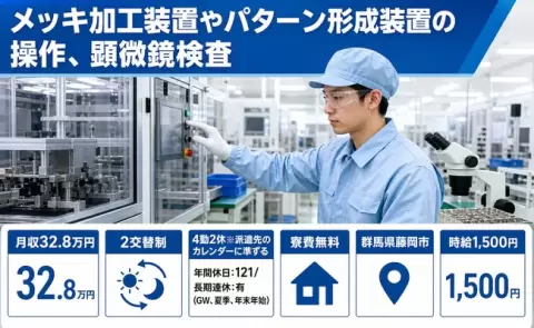 群馬県藤岡市｜メッキ加工装置やパターン形成装置の操作、顕微鏡検査｜月収例32.8万円