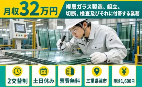 三重県津市｜複層ガラス製造、組立、切断、検査及びそれに付帯する業務｜月収例32万円