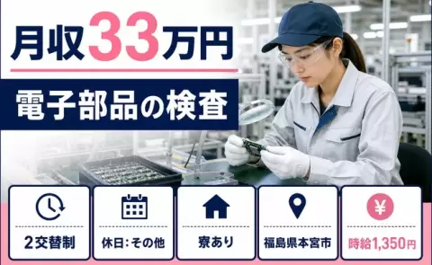 電子部品の検査＜福島県本宮市＞月収例33万円・寮完備・未経験OK・車通勤OK