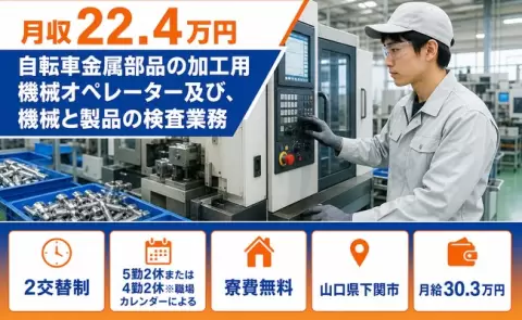 ＜山口県下関市＞自転車金属部品の加工用機械オペレーター及び、機械と製品／WEB面接OK