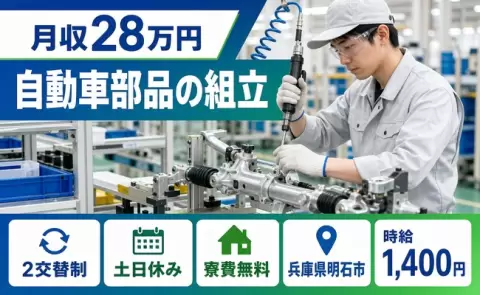 週末は休みたい方へ｜自動車部品の組立＜兵庫県明石市＞時給1,400円