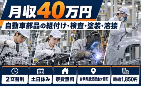 自動車部品の組付け、検査、塗装、溶接、自動車生産ライン＜岩手県金ケ崎町＞時給1,850円