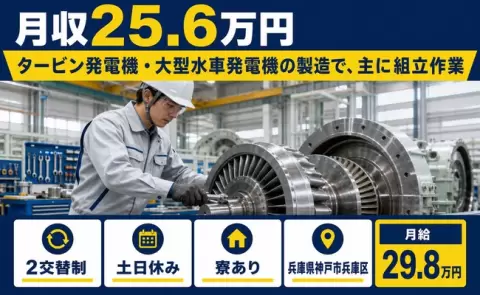 ＜兵庫県神戸市兵庫区＞タービン発電機・大型水車発電機の製造／月給29.8万円