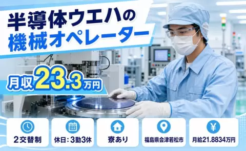 寮付きですぐ働ける◎半導体ウエハの機械オペレーター＜福島県会津若松市＞食堂あり