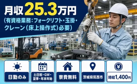 ＜茨城県筑西市＞(有資格業務：フォークリフト・玉掛・クレーン必要)／土日祝休み
