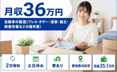 愛知県刈谷市｜自動車の製造（プレス・ボデー・塗装・組立・検査作業などの諸作業）｜土日休み