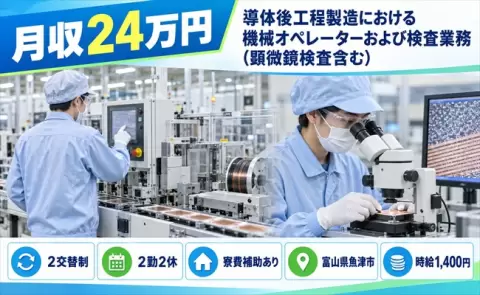 【富山県魚津市】導体後工程製造における機械オペレーターおよび検査業務◎寮費補助あり