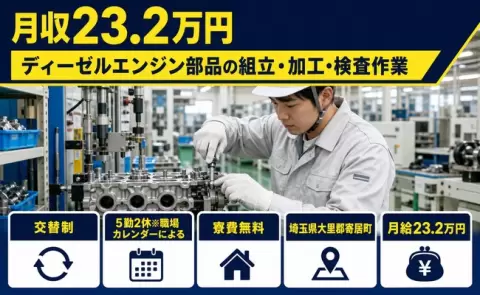 はじめてでも安心◎ディーゼルエンジン部品の組立・加工・検査作業＜埼玉県寄居町＞未経験OK