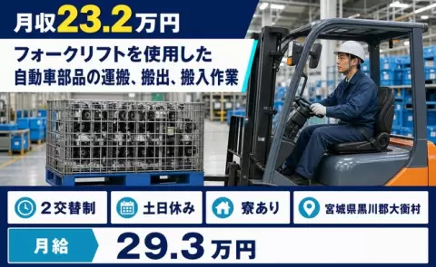 フォークリフトを使用した自動車部品の運搬、搬出、搬入作業＜宮城県大衡村＞月給29.3万円