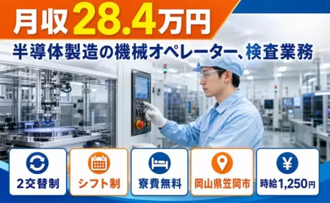 ＜岡山県笠岡市＞半導体製造の機械オペレーター、検査業務／時給1,250円