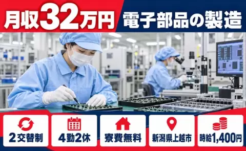 上越市で電子部品の製造のお仕事｜2交替・寮費無料・未経験OK＜新潟県＞
