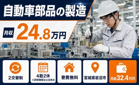 岩沼市で自動車部品の製造のお仕事｜月給32.4万円・寮完備＜宮城県＞