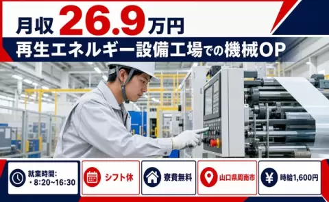 周南市で再生エネルギー設備工場での機械ＯＰのお仕事｜寮費無料＜山口県＞