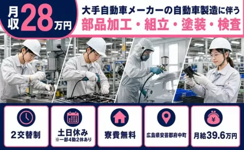 広島県府中町｜大手自動車メーカーの自動車製造に伴う部品加工・組立・塗装｜月給39.6万円